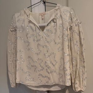 Metallic-Trim Polka Dot Silk-Crepe Ruffle Puff-Sleeve Blouse